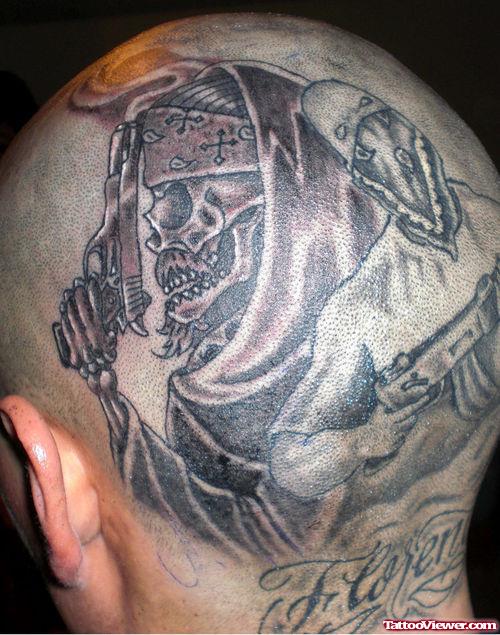 Grey Ink Gangsta Tattoo On Man Head