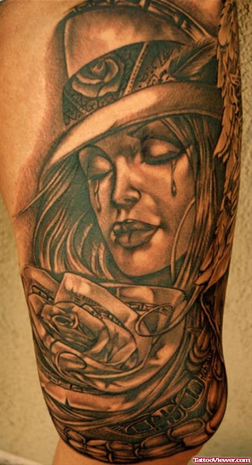 Grey Ink Gangsta Girl Head Tattoo On Half Sleeve