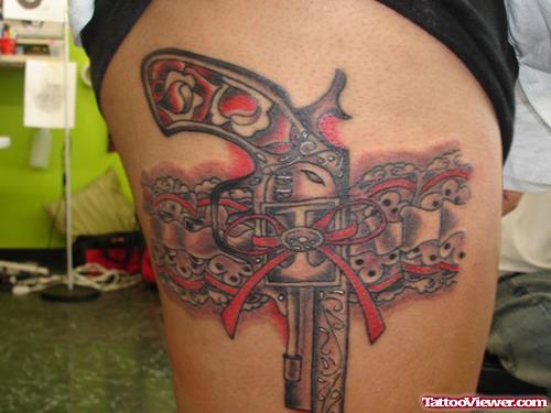 Color Ink Gangsta Tattoo On Right Thigh