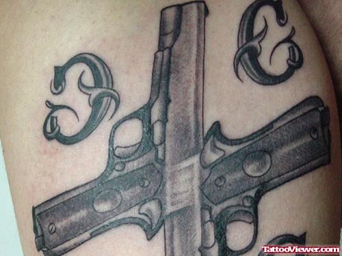 Grey Ink Gangsta Guns Tattoo