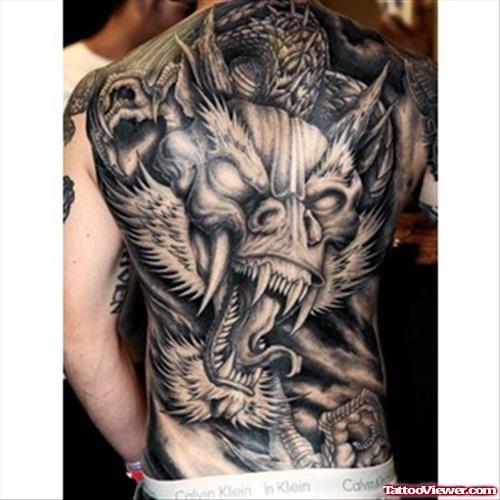 Grey Ink Gangsta Dragon Tattoo On Back Body