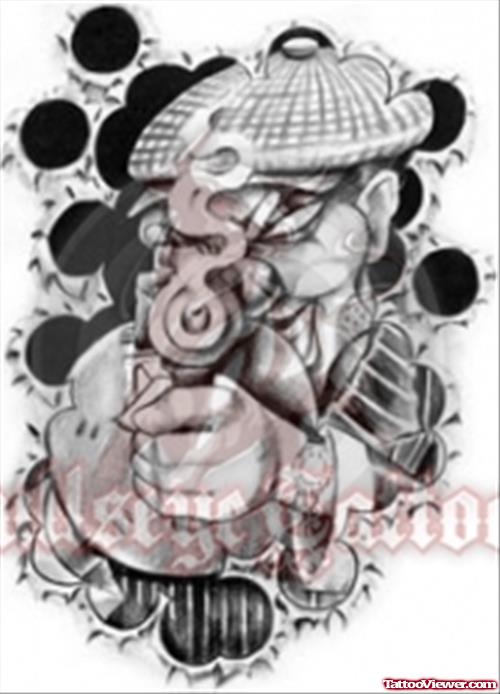 Grey Ink Shooting Clown Gangster Tattoo Design