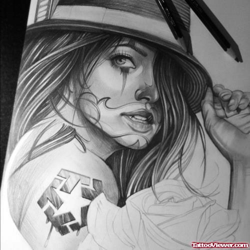 Grey Ink Gangster Girl Tattoo Design