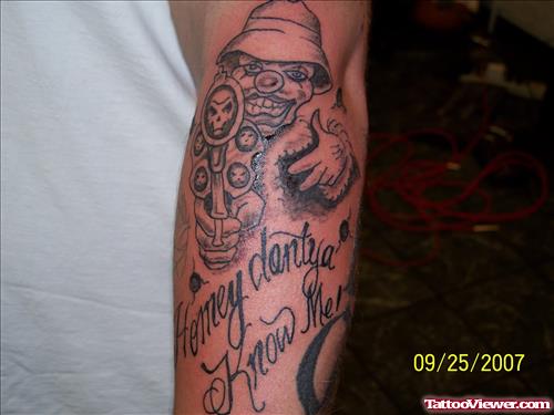 Grey Ink Gangsta Tattoo On Left Sleeve