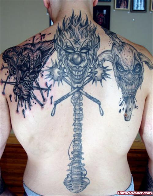 Grey Ink Clowns Gangsta Tattoo On Back Body