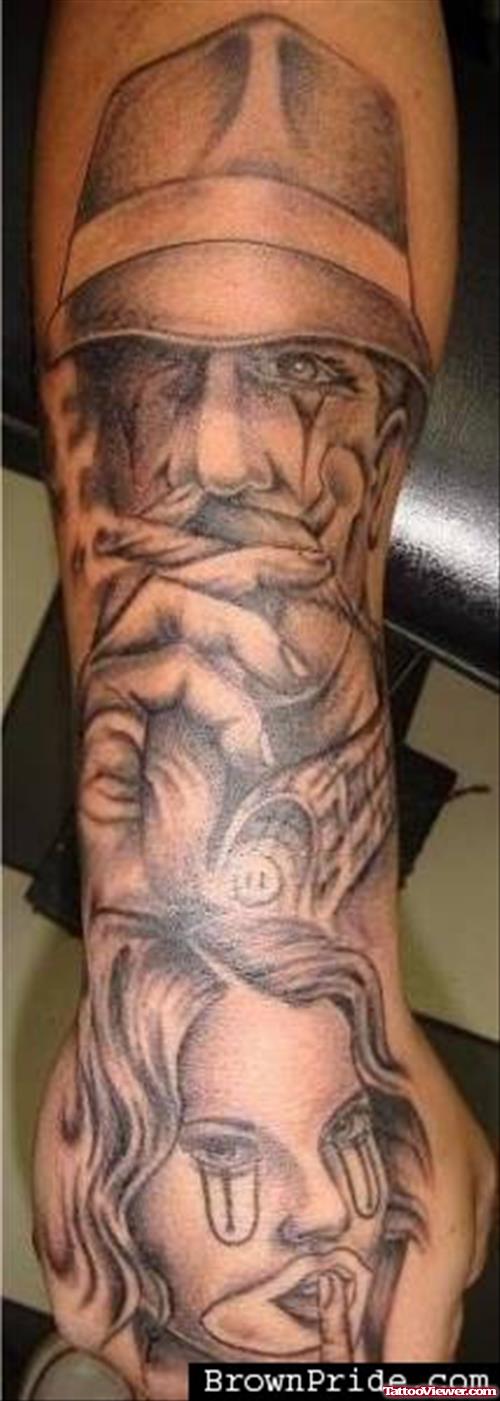 Amazing Grey Ink Gangsta Tattoo on Sleeve