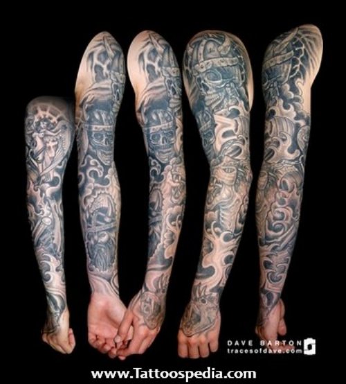 Awesome Grey Ink Gangsta Tattoo On Full Sleeve