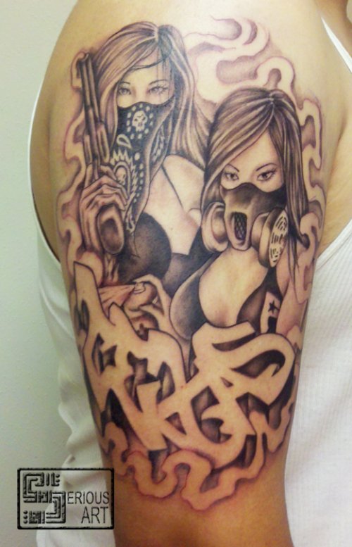 Grey Ink Gangsta Tattoos On Right Half Sleeve