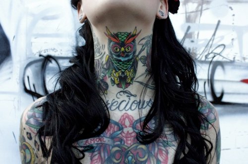 Colored Gangsta Owl Tattoo On Neck