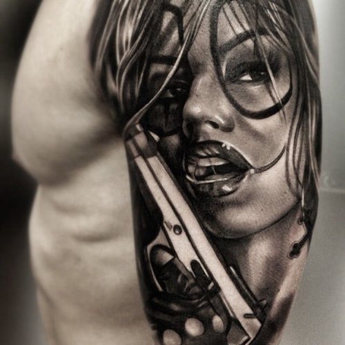 Amazing Grey Ink Gangsta Tattoo On Left sleeve