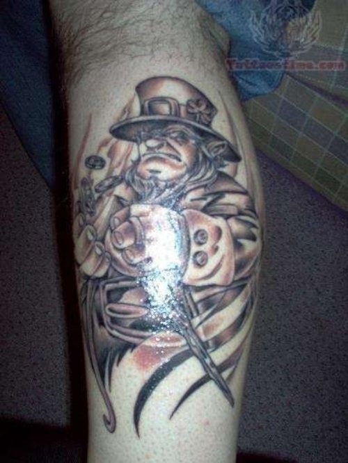 Leprechaun Gangsta Tattoo On Leg