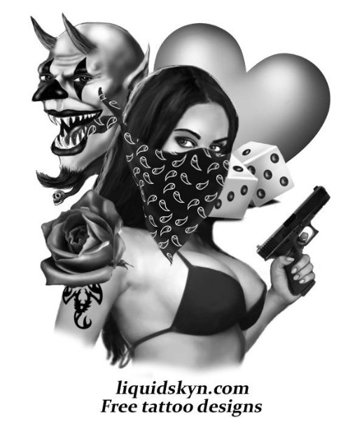 Grey Ink Rose Flower And Gangsta Girl Tattoo Design