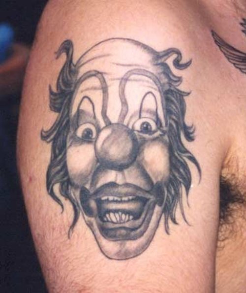 Grey Ink Clown Head Gangsta Tattoo On Right SHoulder