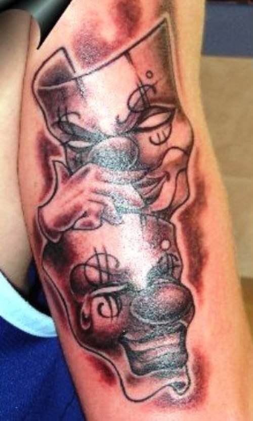 Grey Ink Gangster Clown Masks Tattoo On Half Sleeve