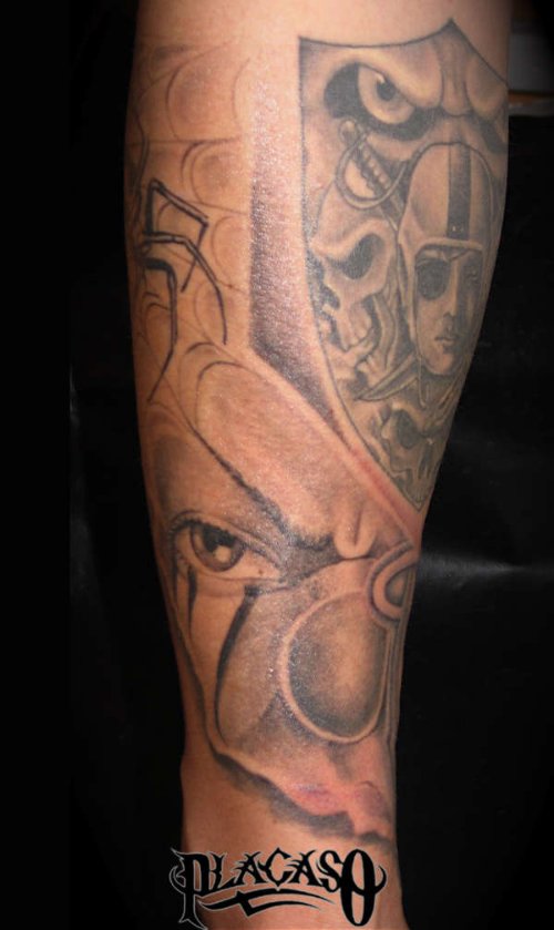 Grey Ink Clown Gangster Tattoo On Arm