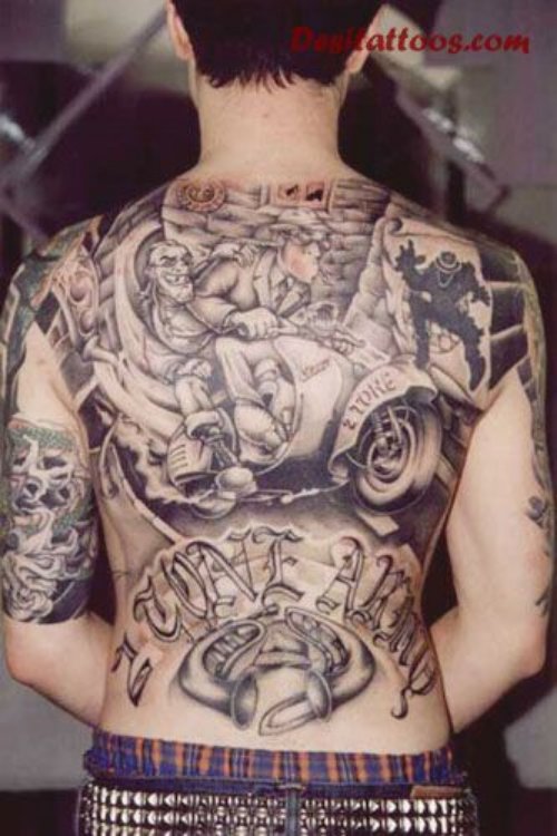 Stylish Grey Ink Gangsta Tattoo On Full Back