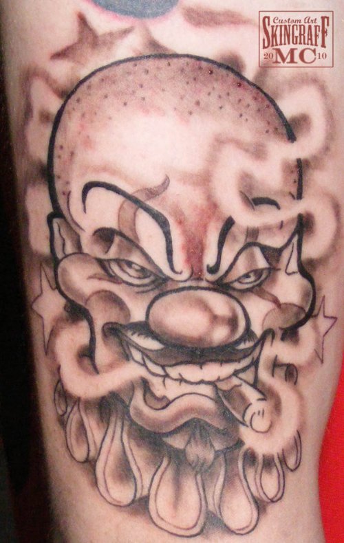 Amazing Grey Ink Gangsta Tattoo On Biceps