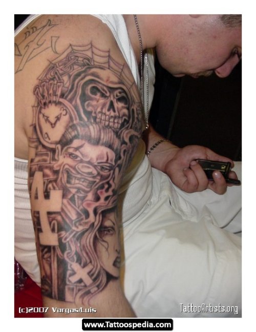 Stylish Gangsta Tattoo On Man Right Sleeve