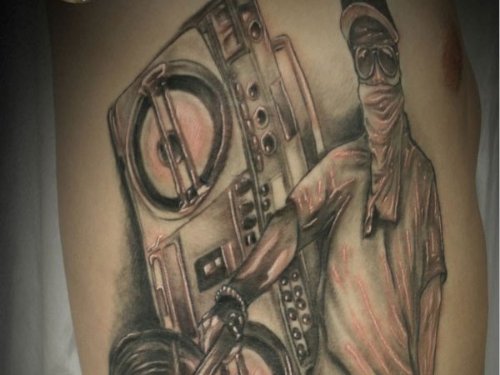 Amazing Grey Ink Gangster Tattoo On Man Side Rib