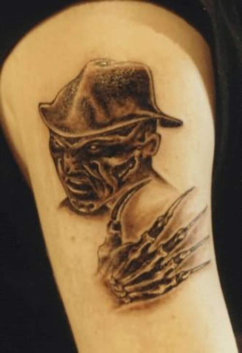 Grey Ink Scary Freddy Gangsta Tattoo On Arm