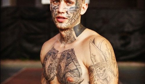 Grey Ink Gangsta Tattoo On Man Chest And Left Shoulder