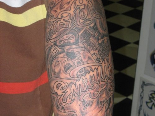 Grey Ink Full Sleeve Gangsta Tattoo