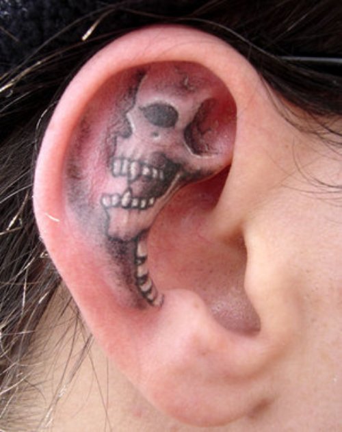 Grey Ink Gangsta Skull Tattoo Inside Ear
