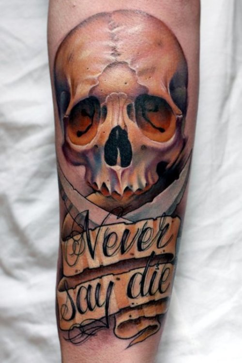 Never Say Die Banner And Gangsta Skull Tattoo
