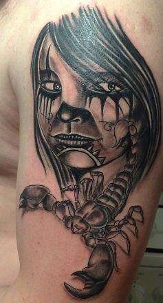 Grey Ink Clown Girl Tattoo On Left Half Sleeve