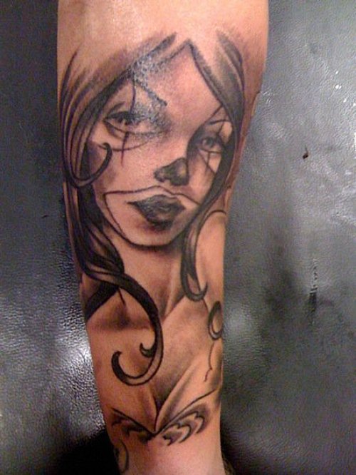 Grey Ink Clown Girl Gangster Tattoo On Sleeve