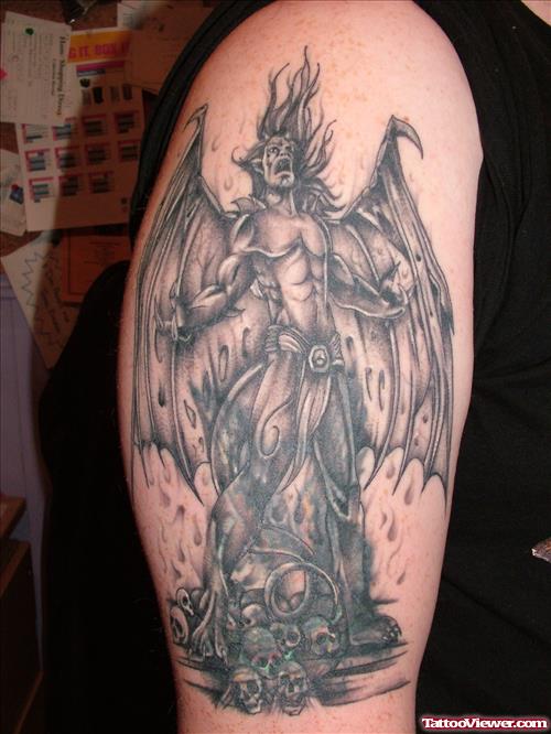 Grey Ink Right Half Sleeve Gargoyle Tattoo