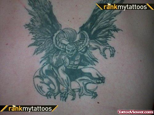 Grey Ink Gargoyle Tattoo On Back Body