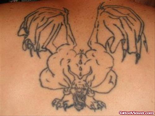 Outline Gargoyle Tattoo On Upperback