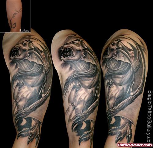 Grey Ink Gargoyle Tattoo On Sleeve