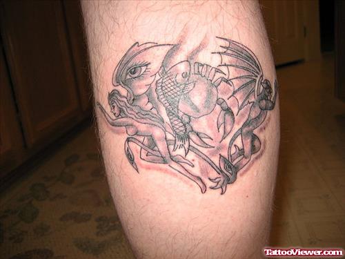 Grey Ink Crab And Gargoyle Tattoo