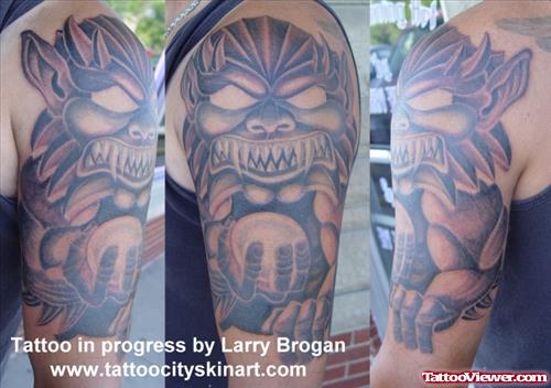 Grey Ink Gargoyle Tattoo On Half Sleeve