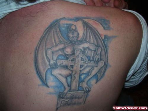 Cross and Gargoyle Tattoo On Back