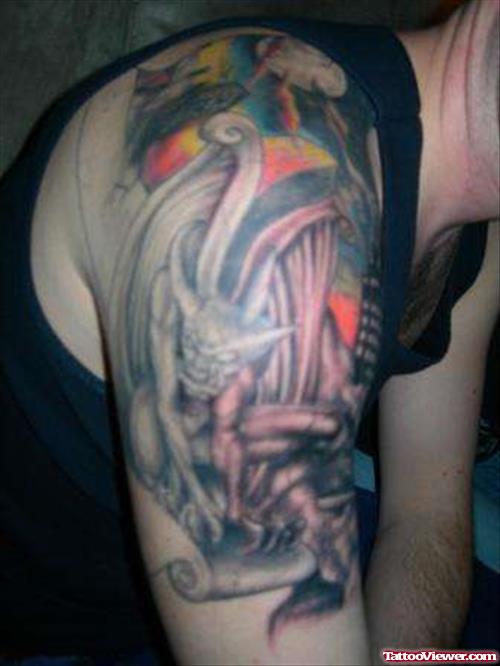 Grey Ink Gargoyle Tattoo On Right Half Sleeve