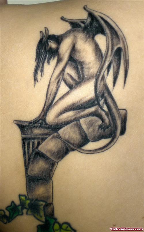 Grey Ink Gargoyle Tattoo On Back