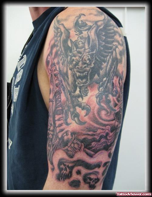 Classic Left Half Sleeve Gargoyle Tattoo