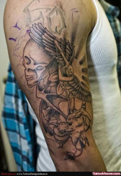 Good And Evil Gargoyle Tattoo On Half Sleeve