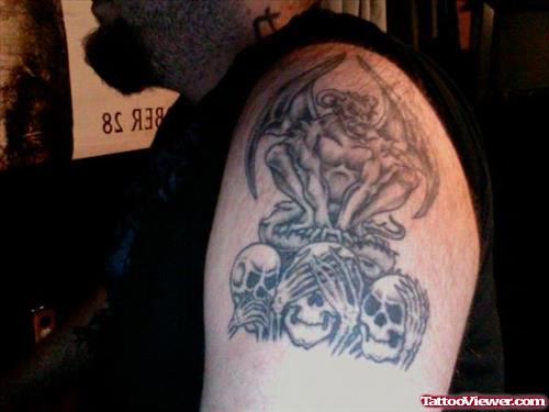 Skulls And Gargoyle Tattoo On Left Shoulder