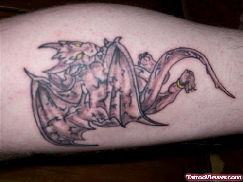 New Grey Ink Gargoyle Tattoo On Leg