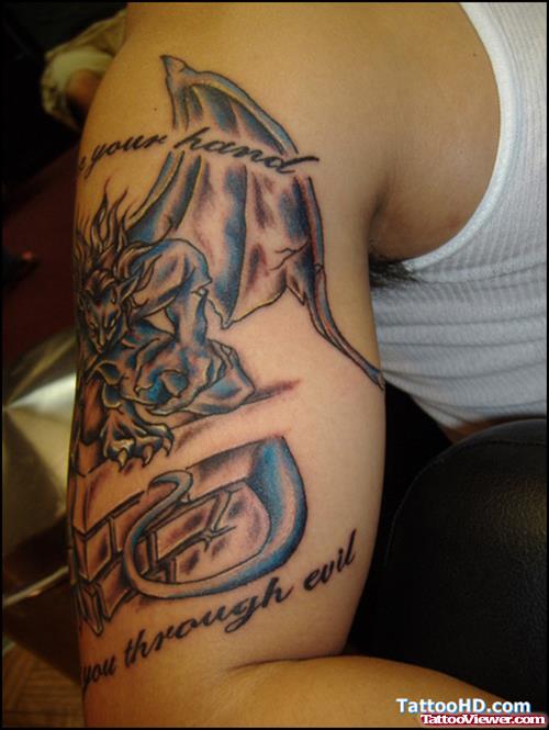 Blue Ink Gargoyle Tattoo On Right Half Sleeve