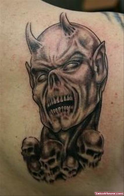 Grey Ink Gargoyle Tattoo On Right Back Shoulder