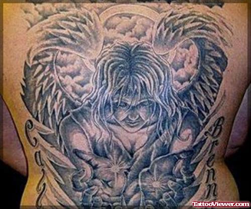 Grey Ink Angel Winged Gargoyle Tattoo On Back