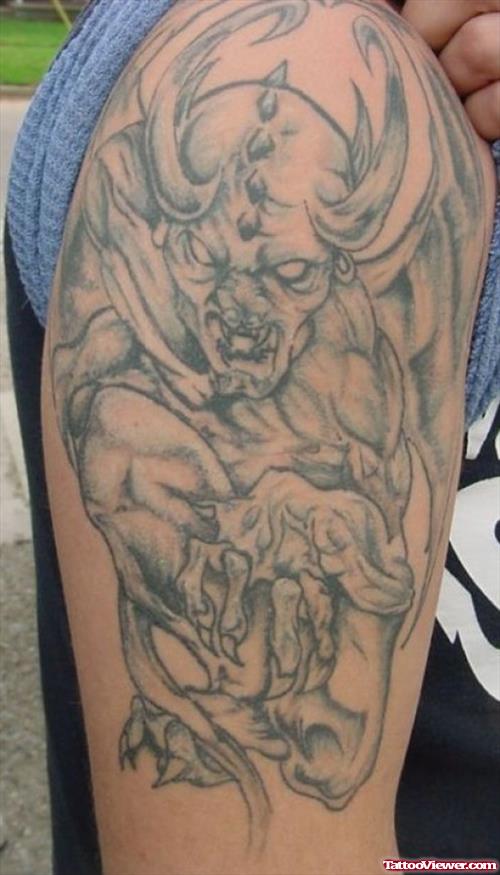 Cool Grey Ink Gargoyle Tattoo On Right Half Sleeve