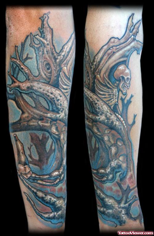 Blue Ink Gargoyle Tattoo On Sleeve