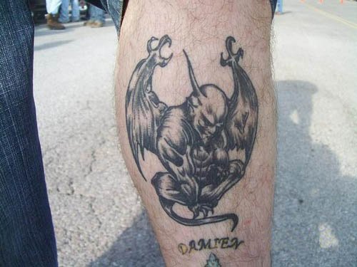 Unique Grey Ink Gargoyle Tattoo On Leg