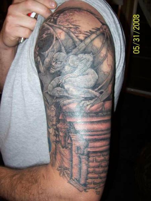 Classic Grey Ink Gargoyle Tattoo On Left Half Sleeve